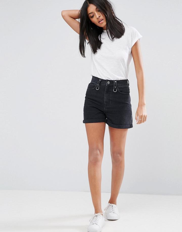 Asos Denim Mom Shorts In Washed Black With Ring Detail And Raw Waistband - Black