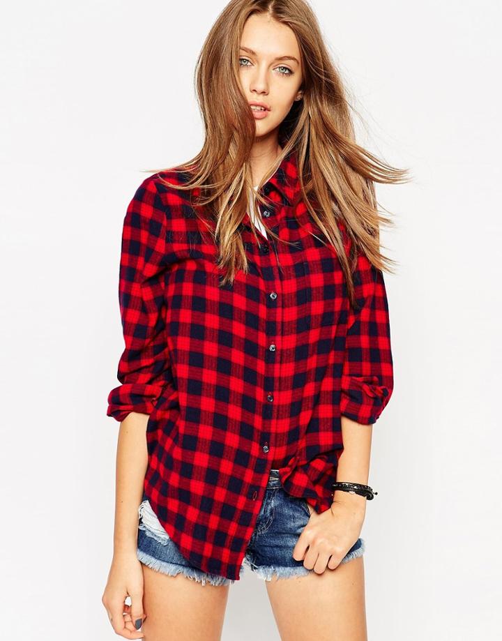 Asos Boyfriend Shirt In Red Check - Multi