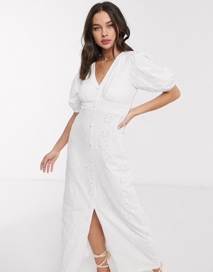 Asos Design Broderie Tea Maxi Dress With Puff Sleeve In White