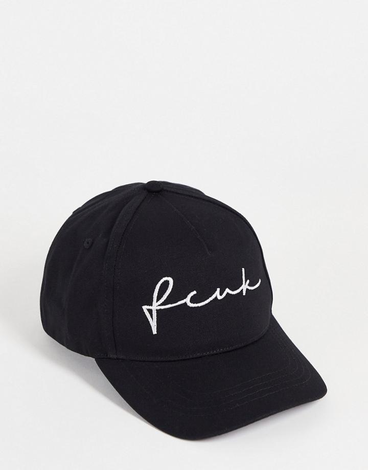French Connection Fcuk Script Logo Baseball Cap In Black