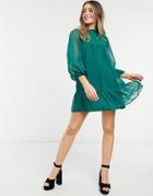 Asos Design Shirred Neck Mini Smock Dress With Pep Hem In Green