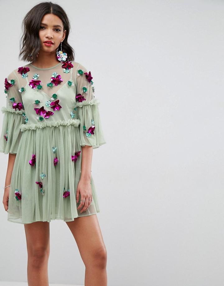 Asos Embellished Mesh Fluted Sleeve Smock Mini Dress - Green