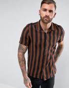 Asos Regular Fit Viscose Stripe Shirt With Revere Collar - Brown