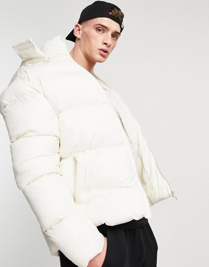 Asos Design Recycled Puffer Jacket With Detachable Hood In Ecru-neutral