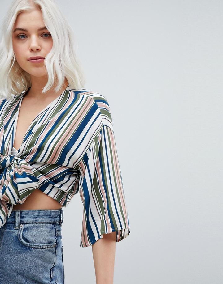 Pull & Bear Tie Front Kimono Shirt In Stripe - Multi