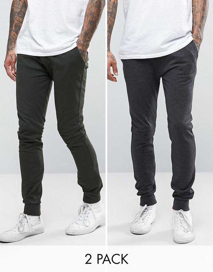 Asos Super Skinny Joggers 2 Pack In Khaki/charcoal Marl Save - Multi