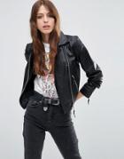 Asos Ultimate Leather Biker Jacket With Quilt Hem Detail - Black