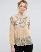 Rd & Koko Bell Sleeve Smock Lace Top With Embellished Detail - Cream