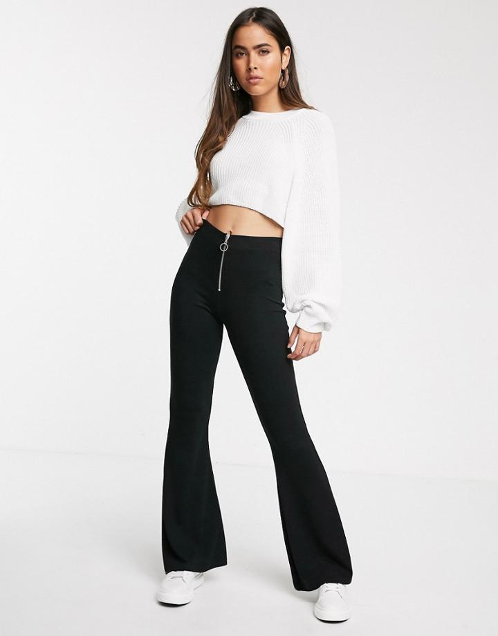 Stradivarius Elastic Flare Pants With Zip Detail In Black