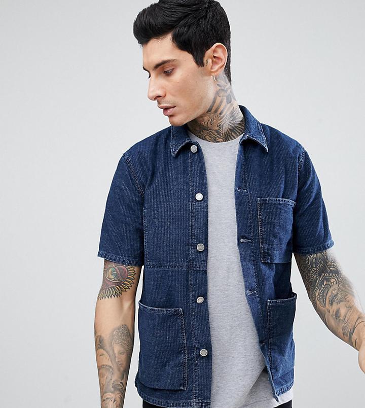 Nudie Jeans Svante Stripe Denim Worker Short Sleeve Shirt - Navy