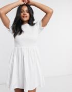 Missguided Shirred Frill Sleeve Poplin Dress In White