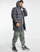 Threadbare Long Line Puffer Jacket With Hood In Charcoal-gray