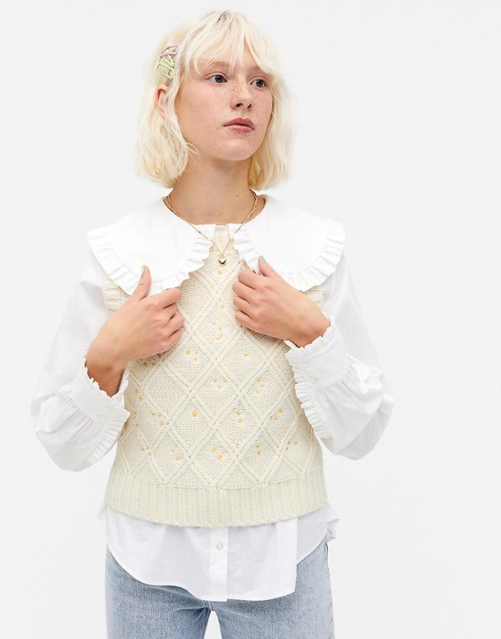 Monki Unni Embroidered Floral Sleeveless Knit Top In White