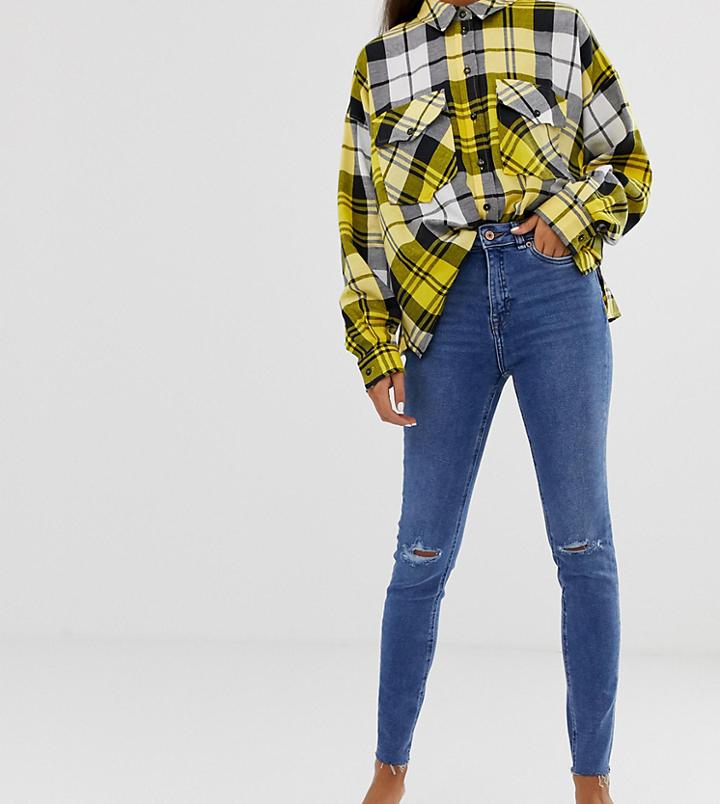 New Look Ripped Cut Off Skinny Jeans In Blue