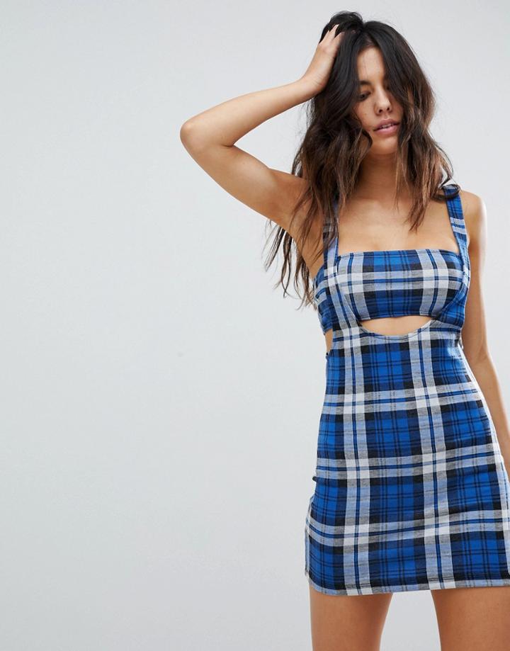 Motel Cami Cutout Mini Dress In 90's Check - Blue