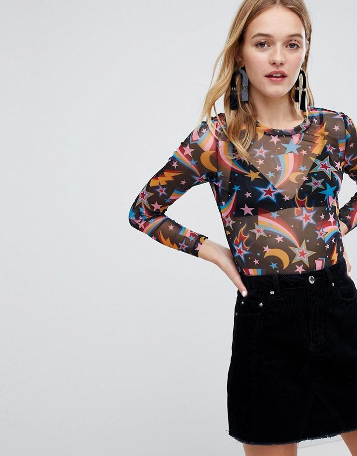 Monki Star And Moon Mesh Top - Black
