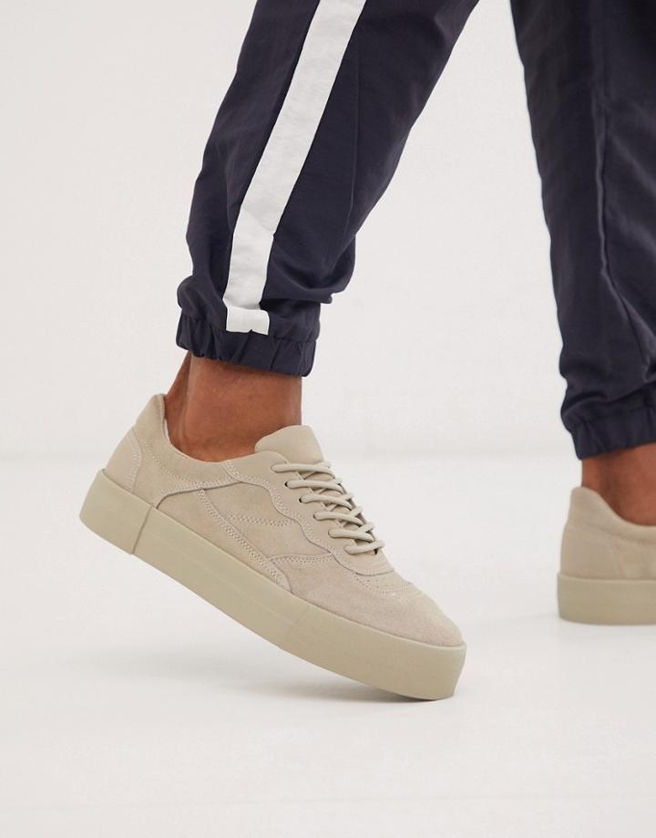 Bershka Faux Suede Sneaker With Chunky Sole In Stone