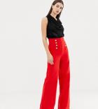 Flounce London Tall Wide Leg Pants With Gold Button Detail In Red
