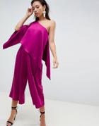 Asos Design Jumpsuit With One Shoulder And Drape Detail In Satin - Orange