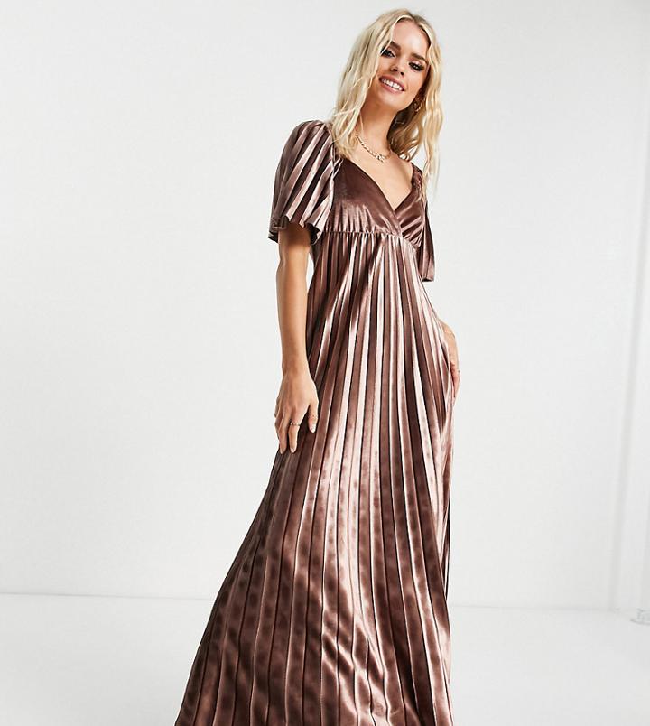 Asos Design Petite Twist Back Empire Waist Velvet Pleated Maxi Dress In Champagne-gold