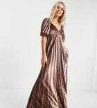 Asos Design Petite Twist Back Empire Waist Velvet Pleated Maxi Dress In Champagne-gold
