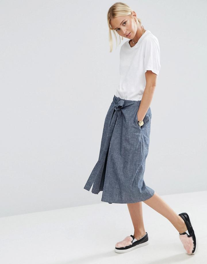 Asos Denim Tie Front A Line Skirt In Textured Fabric - Blue