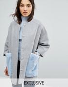 Helene Berman Kimono Coat With Faux Fur Pockets - Gray