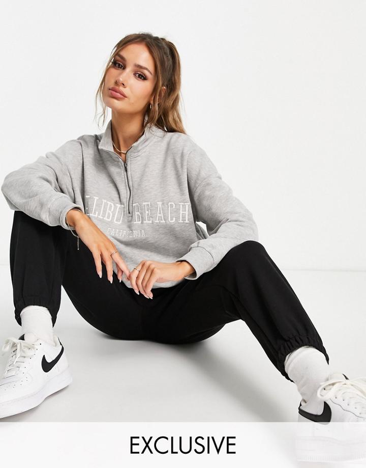 Stradivarius Malibu Varsity Half Zip Sweatshirt In Gray Heather-grey