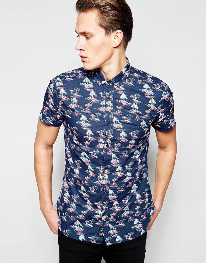 Threadbare Bletchley Palm Print Shirt - Navy
