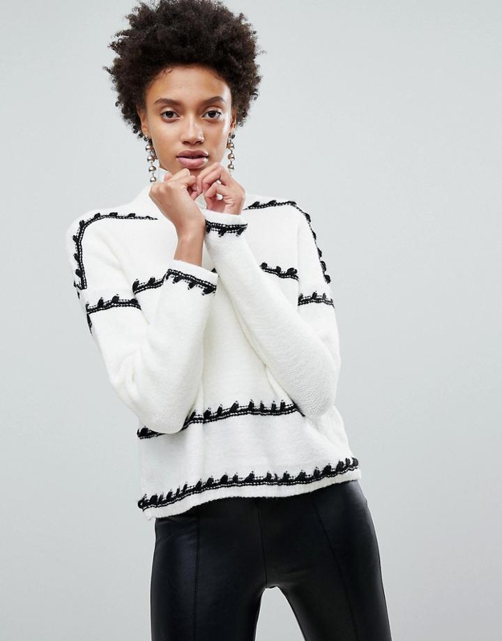 Stradivarius High Neck Pattern Sweater - Cream