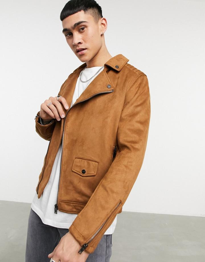 Bershka Faux Suede Biker Jacket In Tan-brown