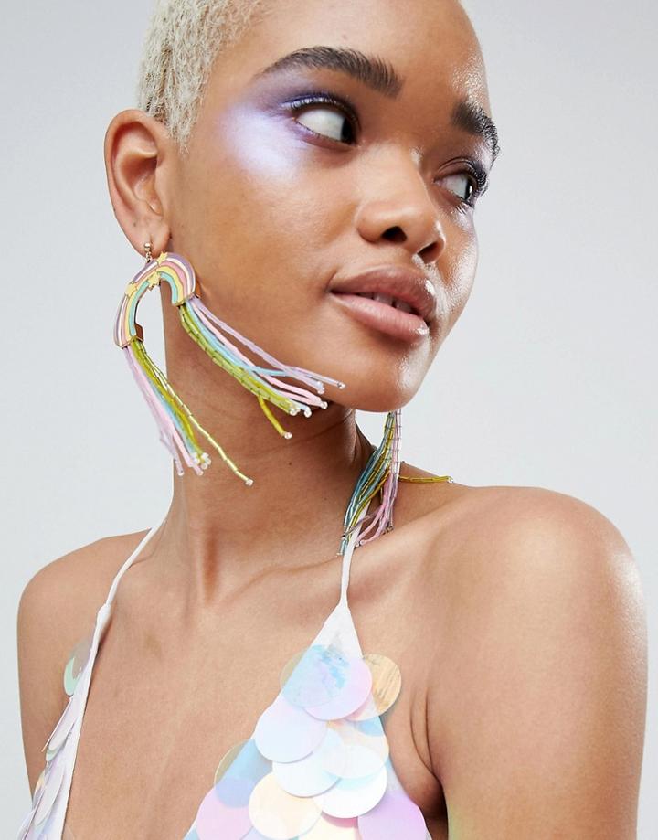 Asos Design Statement Earring With Rainbow Tassels And Iridescent Beads - Multi