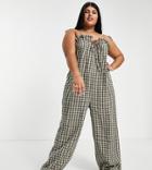 Daisy Street Plus Relaxed Jumpsuit In Grunge Check Print With Tie Front And Straps-multi