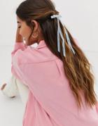 Asos Design Hair Clip With Bow Detail And Super Long Ties In Blue Velvet - Blue