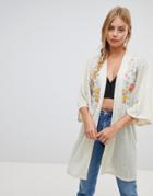 Qed London Kimono Cardigan With Floral Embroidery - Gray