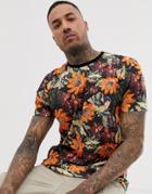 Asos Design Relaxed T-shirt With All Over Floral Print In Linen Look - Black