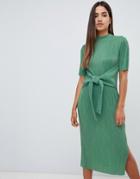 Asos Design Knot Front Plisse Midi Dress - Green