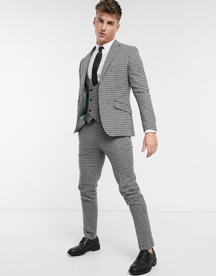 Gianni Feraud Slim Fit Wool Blend Small Check Suit Pants-grey