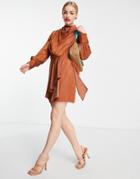 Asos Design Pleat Cowl Neck Mini Dress With Tie Skirt In Rust-copper
