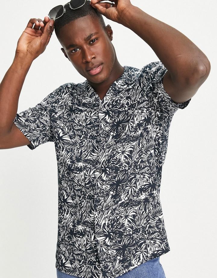 French Connection Leaf Print Revere Collar Shirt In Navy
