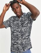 French Connection Leaf Print Revere Collar Shirt In Navy