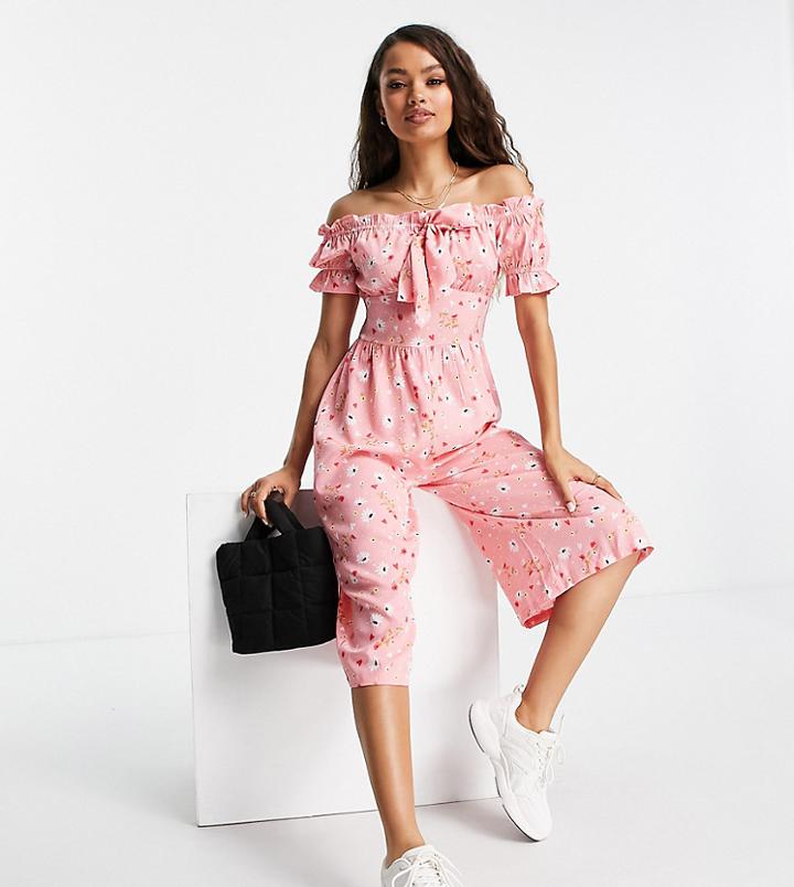 Influence Petite Off Shoulder Jumpsuit In Pink Floral Print