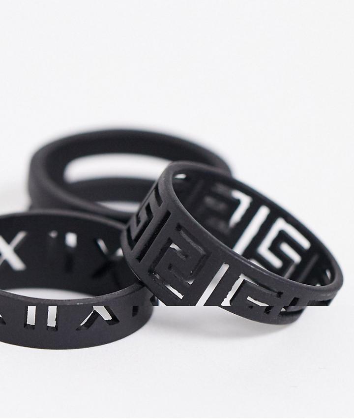 Asos Design Ring Pack In Matte Black Emboss