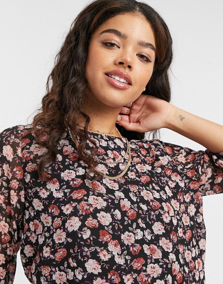 Jdy Blouse With Short Sleeves In Floral Print-black