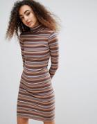 Brave Soul Sabrina Roll Neck Dress In Stripe Rib - Beige