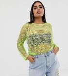 Asos Design Curve Long Sleeve Fishnet Top In Bright Green - Green