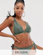 Asos Design Fuller Bust Exclusive Deep Plunge Bikini Top In Shiny Khaki Dd-g - Green