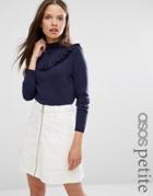 Asos Petite Sweater With Ruffle Front - Navy