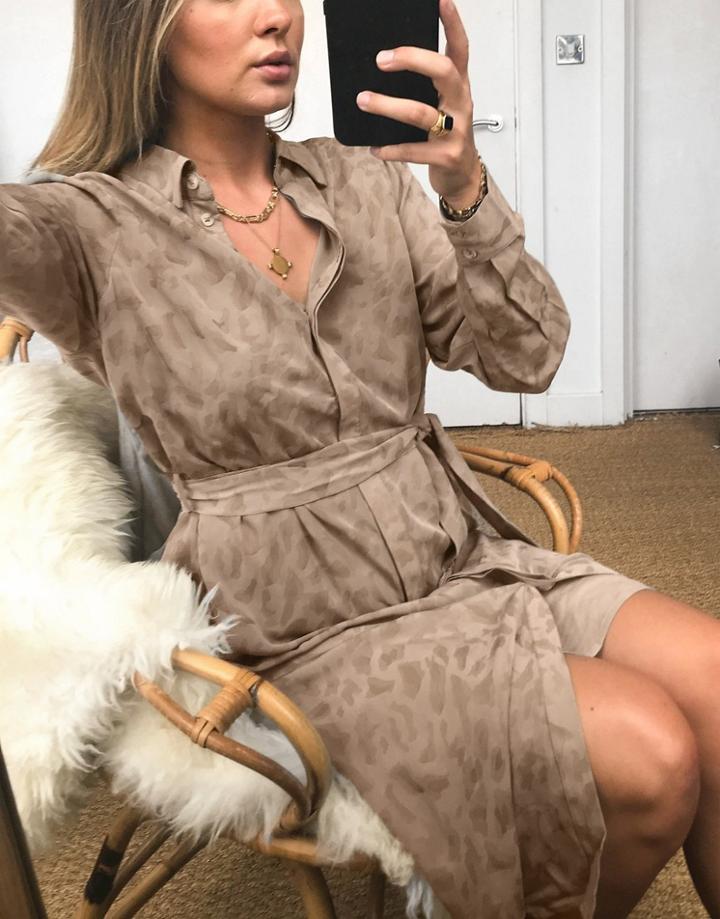 Object Tie Waist Shirt Dress In Beige Leopard Print-neutral