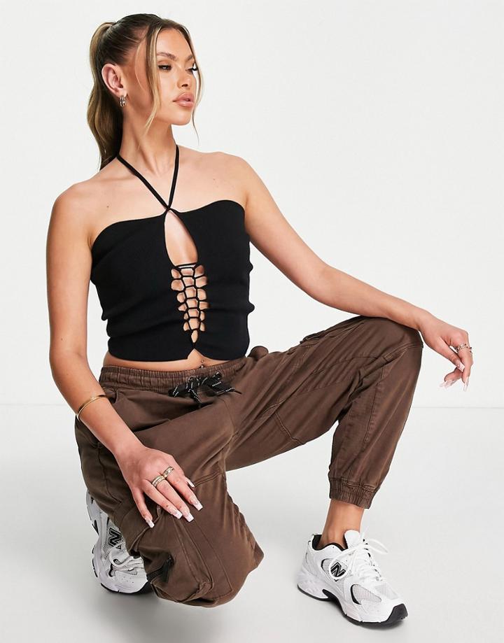 Asos Design Knitted Halter Neck Top With Lace Up Front In Black